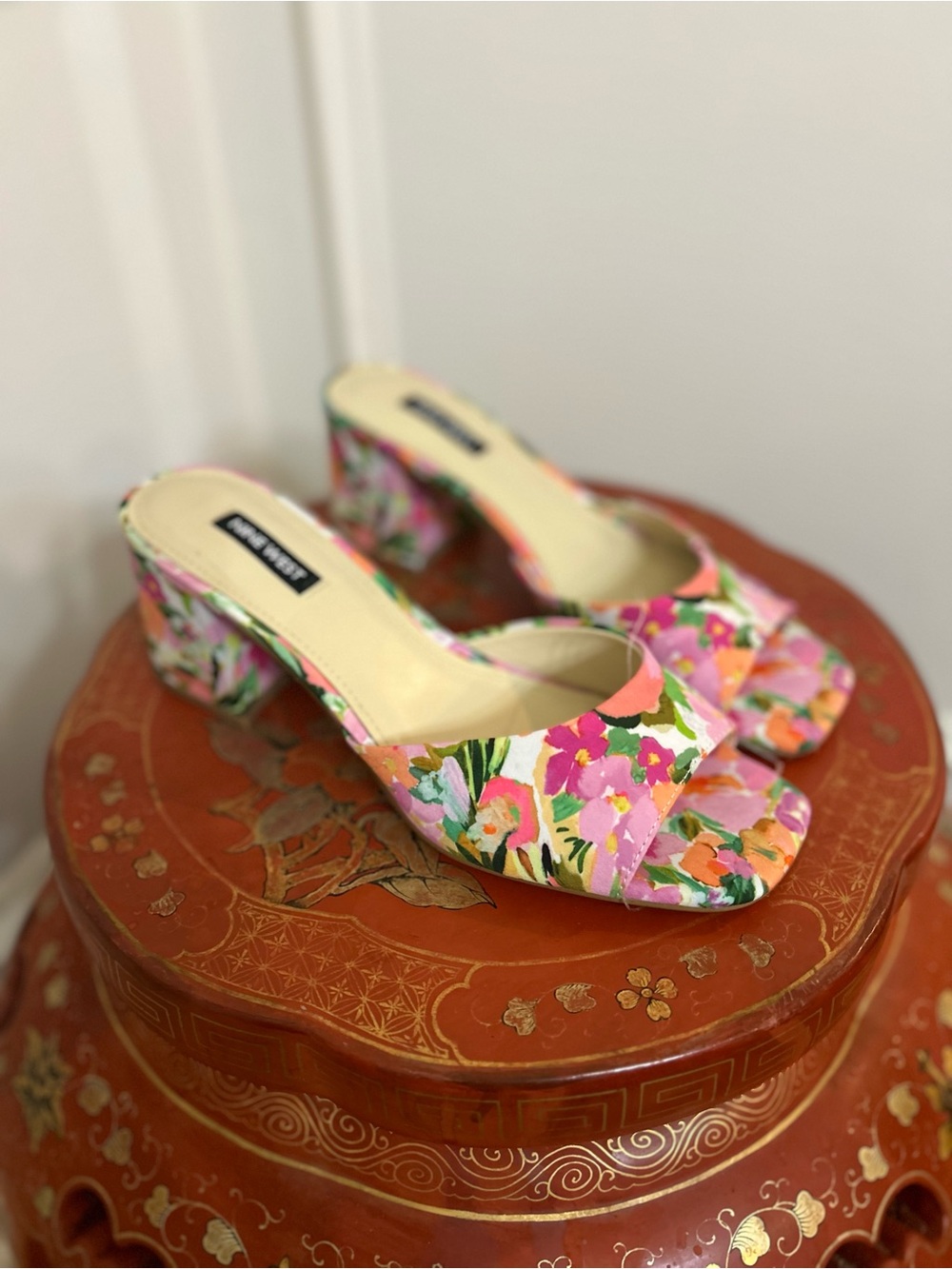 Nine West Pink and Green Floral Open-Toe Block Heel Mules